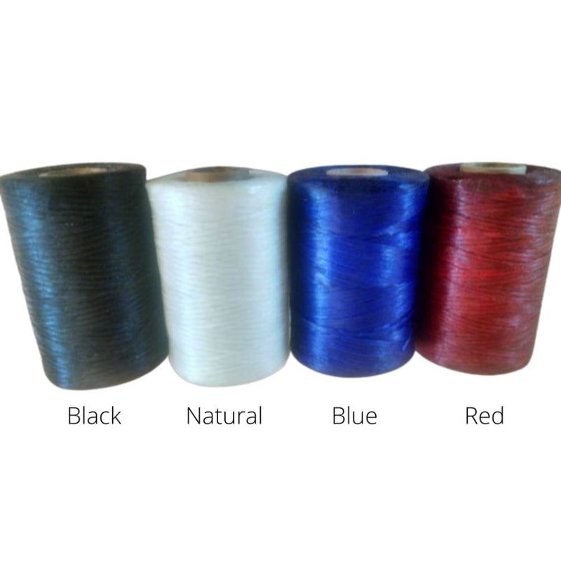 Spools of waxed floss in black, natural, blue and red