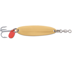 Brass spoon with treble hook, split rings, swivel and red flipper