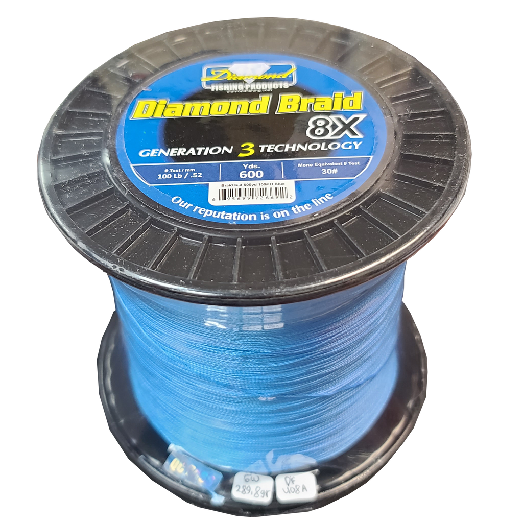 DIAMOND FISHING PRODUCTS Diamond Braid 8x Gen3 - 300 Yards & 600 Yards –  Crook and Crook Fishing, Electronics, and Marine Supplies, blue braided  fishing line 
