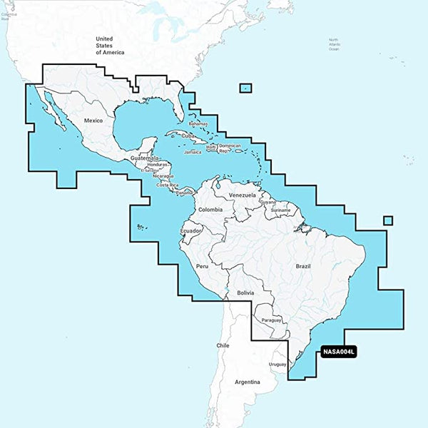 Coastal coverage of Mexico, Central America and Brazil. Coverage includes the US Gulf Coast and the eastern US coast to Savannah, GA; Bermuda; the Bahamas; Cuba; Hispaniola; Puerto Rico and the Virgin Islands; the Windward and Leeward Islands; Jamaica; the Panama Canal, the western coast of South America to Arica, Chile; the Galapagos Islands; the Revillagigedo Islands; the Ilha Fernando de Noronha; the Saint Peter and Saint Paul Archipelago and the Rocas Atoll.